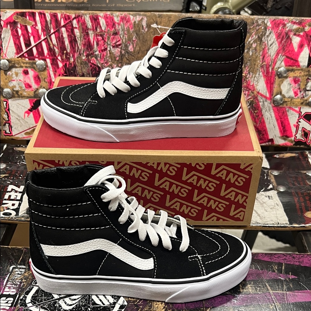 Vans Sk8-Hi Black and White High-Top Sneakers, 5.5 women’s